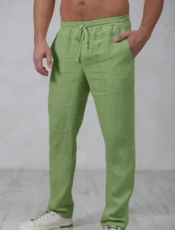 OUKU Men's Linen Pants Trousers Summer Pants Beach Pants Drawstring Elastic Waist Straight Leg Plain Comfort Outdoor Casual Daily Streetwear Stylish Navy Blue Green