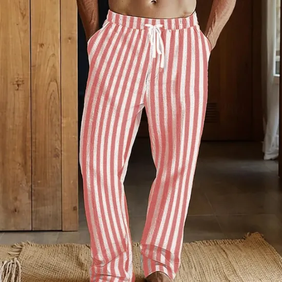 Discount OUKU Men's Linen Pants Trousers Summer Pants Beach Pants Pocket Drawstring Elastic Waist Striped Comfort Breathable Vacation Daily Holiday Hawaiian Boho Red Dark Blue