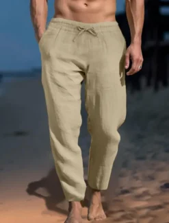 Discount OUKU Men's Linen Pants Trousers Work Pants Beach Pants Pocket Drawstring Elastic Waist Plain Comfort Soft Daily Weekend Streetwear Casual Dark Khaki Light Khaki Micro-elastic