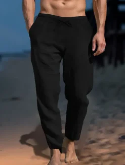 Discount OUKU Men's Linen Pants Trousers Work Pants Beach Pants Pocket Drawstring Elastic Waist Plain Comfort Soft Daily Weekend Streetwear Casual Dark Khaki Light Khaki Micro-elastic