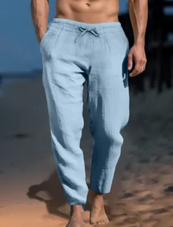 Discount OUKU Men's Linen Pants Trousers Work Pants Beach Pants Pocket Drawstring Elastic Waist Plain Comfort Soft Daily Weekend Streetwear Casual Dark Khaki Light Khaki Micro-elastic
