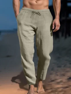 Discount OUKU Men's Linen Pants Trousers Work Pants Beach Pants Pocket Drawstring Elastic Waist Plain Comfort Soft Daily Weekend Streetwear Casual Dark Khaki Light Khaki Micro-elastic