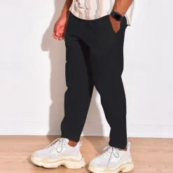 Discount OUKU Men's Linen Pants Trousers Summer Pants Beach Pants Pocket Drawstring Elastic Waist Plain Comfort Breathable Daily Holiday Vacation Hawaiian Boho Black White
