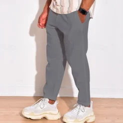 Discount OUKU Men's Linen Pants Trousers Summer Pants Beach Pants Pocket Drawstring Elastic Waist Plain Comfort Breathable Daily Holiday Vacation Hawaiian Boho Black White