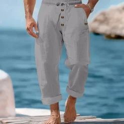 Outlet OUKU Men's Linen Pants Trousers Summer Pants Beach Pants Buttons Drawstring Elastic Waist Plain Comfort Breathable Full Length Casual Daily Holiday Vacation Fashion Black White