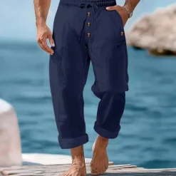 Outlet OUKU Men's Linen Pants Trousers Summer Pants Beach Pants Buttons Drawstring Elastic Waist Plain Comfort Breathable Full Length Casual Daily Holiday Vacation Fashion Black White