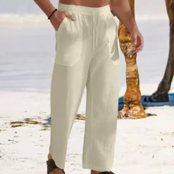Outlet OUKU Men's Linen Pants Trousers Summer Pants Baggy Pants Beach Pants Drawstring Elastic Waist Straight Leg Plain Comfort Breathable Full Length Outdoor Daily Holiday Vacation Fashion Black White