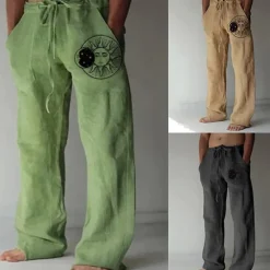 Outlet OUKU Men's Linen Pants Trousers Summer Pants Beach Pants Pocket Drawstring Print Sun Graphic Prints Comfort Outdoor Daily Going out Streetwear Stylish White Yellow