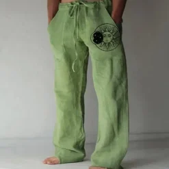 Outlet OUKU Men's Linen Pants Trousers Summer Pants Beach Pants Pocket Drawstring Print Sun Graphic Prints Comfort Outdoor Daily Going out Streetwear Stylish White Yellow