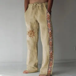 New OUKU Men's Linen Pants Trousers Summer Pants Beach Pants Drawstring Elastic Waist 3D Print Geometric Pattern Graphic Prints Comfort Casual Daily Holiday Vintage Ethnic Style Black Navy Blue