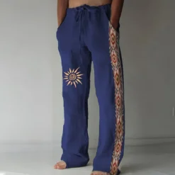 New OUKU Men's Linen Pants Trousers Summer Pants Beach Pants Drawstring Elastic Waist 3D Print Geometric Pattern Graphic Prints Comfort Casual Daily Holiday Vintage Ethnic Style Black Navy Blue