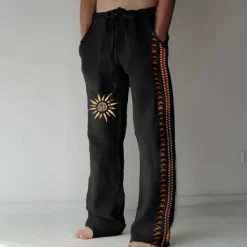 New OUKU Men's Linen Pants Trousers Summer Pants Beach Pants Drawstring Elastic Waist 3D Print Geometric Pattern Graphic Prints Comfort Casual Daily Holiday Vintage Ethnic Style Black Navy Blue