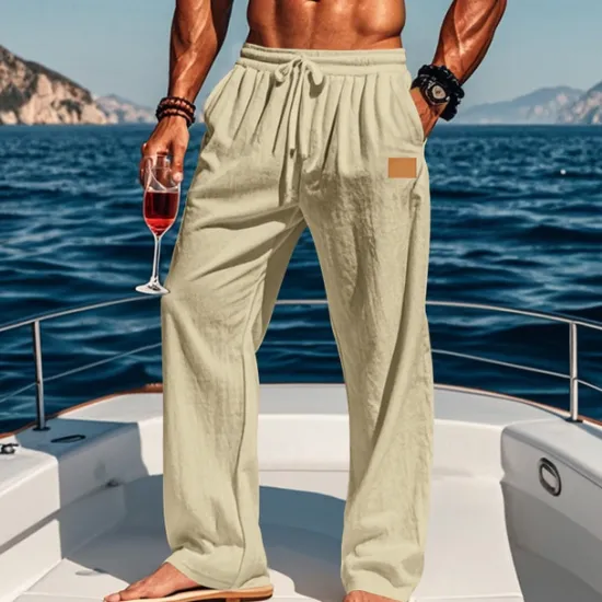 New OUKU Men's Linen Pants Trousers Summer Pants Beach Pants Drawstring Elastic Waist Straight Leg Plain Comfort Breathable Full Length Outdoor Holiday Beach Vacation Fashion Black White