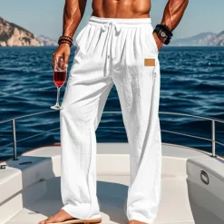New OUKU Men's Linen Pants Trousers Summer Pants Beach Pants Drawstring Elastic Waist Straight Leg Plain Comfort Breathable Full Length Outdoor Holiday Beach Vacation Fashion Black White