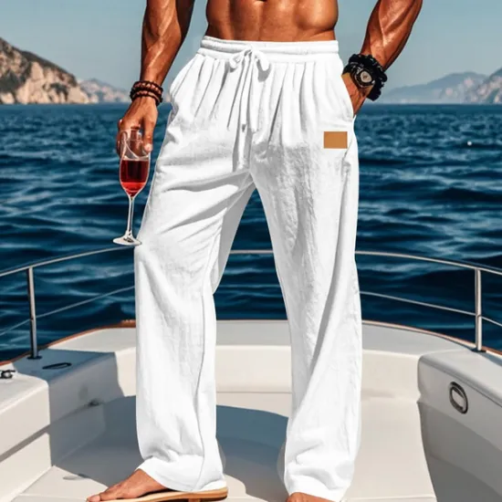 New OUKU Men's Linen Pants Trousers Summer Pants Beach Pants Drawstring Elastic Waist Straight Leg Plain Comfort Breathable Full Length Outdoor Holiday Beach Vacation Fashion Black White