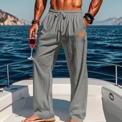 New OUKU Men's Linen Pants Trousers Summer Pants Beach Pants Drawstring Elastic Waist Straight Leg Plain Comfort Breathable Full Length Outdoor Holiday Beach Vacation Fashion Black White