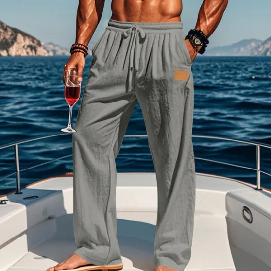 New OUKU Men's Linen Pants Trousers Summer Pants Beach Pants Drawstring Elastic Waist Straight Leg Plain Comfort Breathable Full Length Outdoor Holiday Beach Vacation Fashion Black White