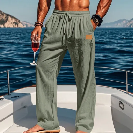New OUKU Men's Linen Pants Trousers Summer Pants Beach Pants Drawstring Elastic Waist Straight Leg Plain Comfort Breathable Full Length Outdoor Holiday Beach Vacation Fashion Black White