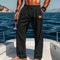 New OUKU Men's Linen Pants Trousers Summer Pants Beach Pants Drawstring Elastic Waist Straight Leg Plain Comfort Breathable Full Length Outdoor Holiday Beach Vacation Fashion Black White