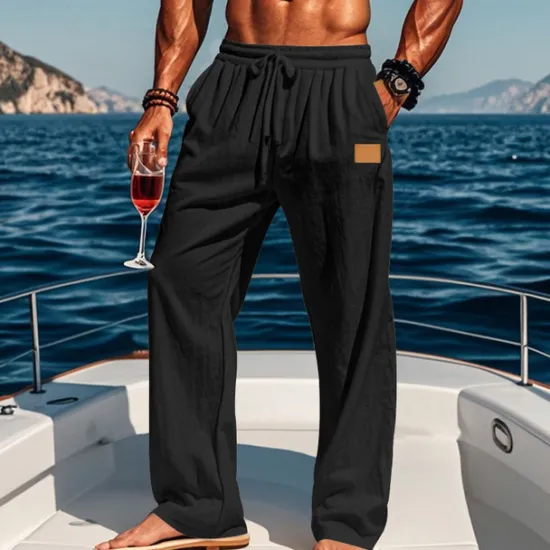 New OUKU Men's Linen Pants Trousers Summer Pants Beach Pants Drawstring Elastic Waist Straight Leg Plain Comfort Breathable Full Length Outdoor Holiday Beach Vacation Fashion Black White
