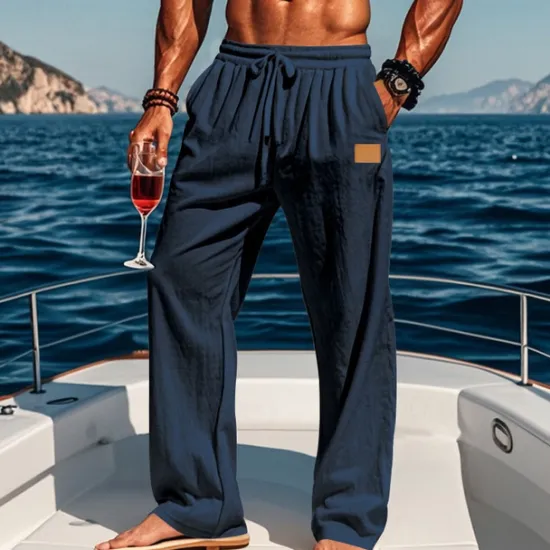 New OUKU Men's Linen Pants Trousers Summer Pants Beach Pants Drawstring Elastic Waist Straight Leg Plain Comfort Breathable Full Length Outdoor Holiday Beach Vacation Fashion Black White