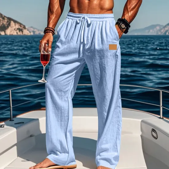 New OUKU Men's Linen Pants Trousers Summer Pants Beach Pants Drawstring Elastic Waist Straight Leg Plain Comfort Breathable Full Length Outdoor Holiday Beach Vacation Fashion Black White