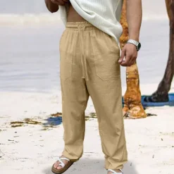 Sale OUKU Men's Linen Pants Trousers Summer Pants Beach Pants Drawstring Elastic Waist Straight Leg Plain Comfort Breathable Full Length Outdoor Daily Holiday Vacation Fashion Black White