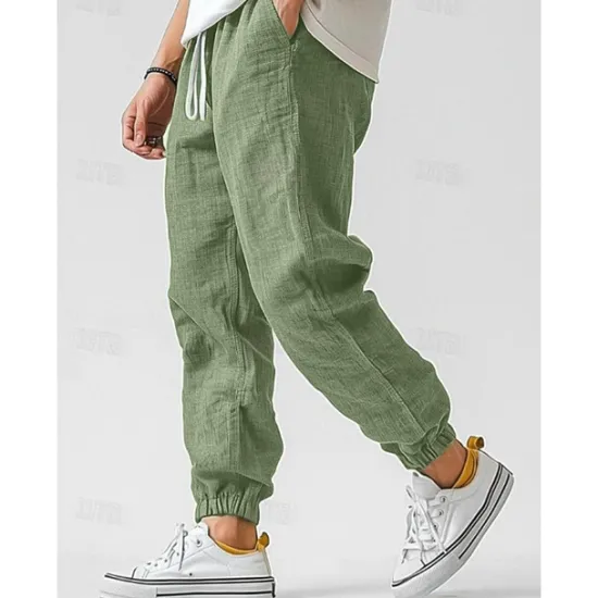 Clearance OUKU Men's Linen Pants Trousers Summer Pants Elastic Waist Straight Leg High Rise Solid Color Comfort Breathable Full Length Wedding Holiday Vacation Fashion Gray Green Black High Waist Inelastic