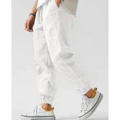 Clearance OUKU Men's Linen Pants Trousers Summer Pants Elastic Waist Straight Leg High Rise Solid Color Comfort Breathable Full Length Wedding Holiday Vacation Fashion Gray Green Black High Waist Inelastic