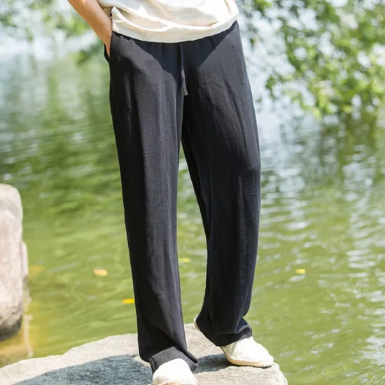 Sale OUKU Men's Linen Pants Trousers Summer Pants Beach Pants Pocket Drawstring Elastic Waist Plain Comfort Breathable Daily Holiday Vacation Hawaiian Boho Black Navy Blue
