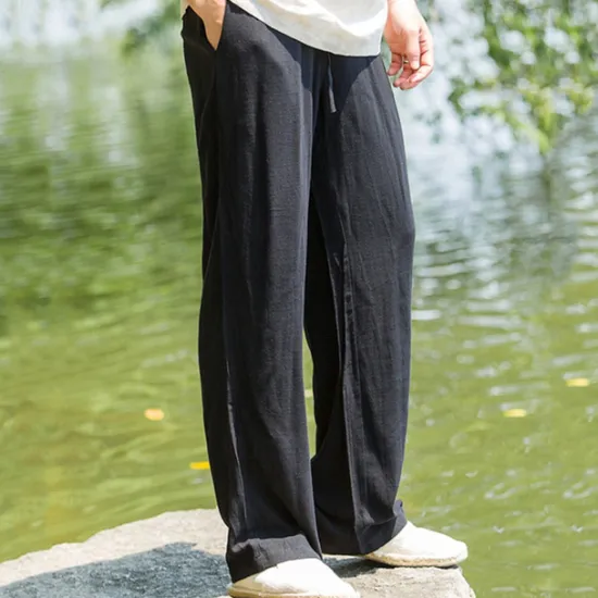 Sale OUKU Men's Linen Pants Trousers Summer Pants Beach Pants Pocket Drawstring Elastic Waist Plain Comfort Breathable Daily Holiday Vacation Hawaiian Boho Black Navy Blue
