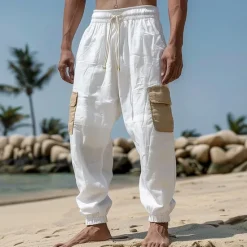 OUKU Men's Linen Pants Trousers Summer Pants Drawstring Elastic Waist Multi Pocket Plain Comfort Breathable Full Length Casual Daily Holiday Fashion Classic Style Black White Micro-elastic