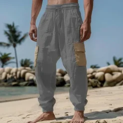 OUKU Men's Linen Pants Trousers Summer Pants Drawstring Elastic Waist Multi Pocket Plain Comfort Breathable Full Length Casual Daily Holiday Fashion Classic Style Black White Micro-elastic