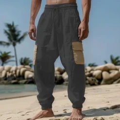 OUKU Men's Linen Pants Trousers Summer Pants Drawstring Elastic Waist Multi Pocket Plain Comfort Breathable Full Length Casual Daily Holiday Fashion Classic Style Black White Micro-elastic