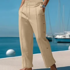 Best OUKU Men's Linen Pants Trousers Summer Pants Beach Pants Elastic Waist Side Button Pleats Plain Comfort Breathable Full Length Casual Daily Holiday Vacation Fashion Black White