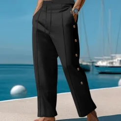 Best OUKU Men's Linen Pants Trousers Summer Pants Beach Pants Elastic Waist Side Button Pleats Plain Comfort Breathable Full Length Casual Daily Holiday Vacation Fashion Black White