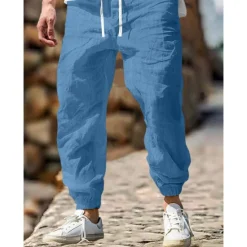 Sale OUKU Men's Linen Pants Trousers Summer Pants Elastic Waist Straight Leg High Rise Solid Color Comfort Breathable Full Length Outdoor Home Casual Vacation Fashion Gray Green Black High Waist Inelastic