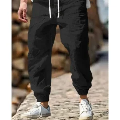 Sale OUKU Men's Linen Pants Trousers Summer Pants Elastic Waist Straight Leg High Rise Solid Color Comfort Breathable Full Length Outdoor Home Casual Vacation Fashion Gray Green Black High Waist Inelastic
