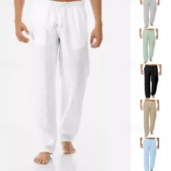 New OUKU Men's Linen Pants Trousers Summer Pants Beach Pants Pocket Drawstring Elastic Waist Plain Comfort Breathable Vacation Daily Holiday Hawaiian Boho Black White