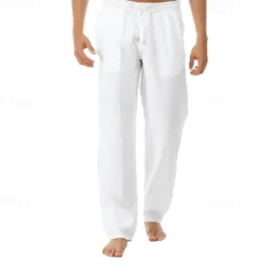 New OUKU Men's Linen Pants Trousers Summer Pants Beach Pants Pocket Drawstring Elastic Waist Plain Comfort Breathable Vacation Daily Holiday Hawaiian Boho Black White