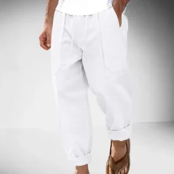 Clearance OUKU Men's Linen Pants Trousers Summer Pants Drawstring Elastic Waist Straight Leg Plain Comfort Breathable Full Length Outdoor Casual Daily Fashion Classic Style Black White