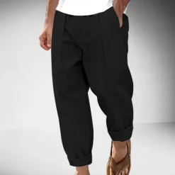 Clearance OUKU Men's Linen Pants Trousers Summer Pants Drawstring Elastic Waist Straight Leg Plain Comfort Breathable Full Length Outdoor Casual Daily Fashion Classic Style Black White
