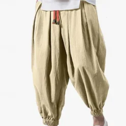 OUKU Men's Linen Pants Trousers Summer Pants Bloomers Beach Pants Pocket Drawstring Elastic Waist Plain Comfort Breathable Vacation Daily Holiday Casual Loose ArmyGreen Black