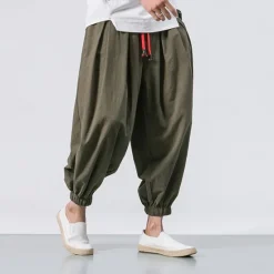 OUKU Men's Linen Pants Trousers Summer Pants Bloomers Beach Pants Pocket Drawstring Elastic Waist Plain Comfort Breathable Vacation Daily Holiday Casual Loose ArmyGreen Black