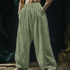 Sale OUKU Men's Linen Pants Trousers Summer Pants Beach Pants Pocket Drawstring Elastic Waist Plain Comfort Breathable Vacation Daily Holiday Hawaiian Boho Black White