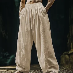 Sale OUKU Men's Linen Pants Trousers Summer Pants Beach Pants Pocket Drawstring Elastic Waist Plain Comfort Breathable Vacation Daily Holiday Hawaiian Boho Black White