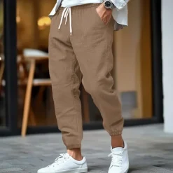 Outlet OUKU Men's Linen Pants Trousers Summer Pants Elastic Waist Straight Leg High Rise Solid Color Comfort Breathable Full Length Business Business Black White Inelastic