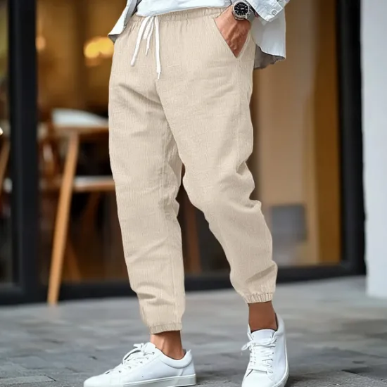 Outlet OUKU Men's Linen Pants Trousers Summer Pants Elastic Waist Straight Leg High Rise Solid Color Comfort Breathable Full Length Business Business Black White Inelastic
