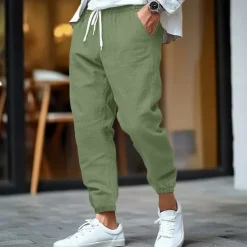 Outlet OUKU Men's Linen Pants Trousers Summer Pants Elastic Waist Straight Leg High Rise Solid Color Comfort Breathable Full Length Business Business Black White Inelastic