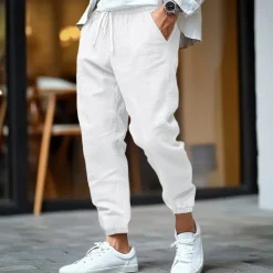 Outlet OUKU Men's Linen Pants Trousers Summer Pants Elastic Waist Straight Leg High Rise Solid Color Comfort Breathable Full Length Business Business Black White Inelastic